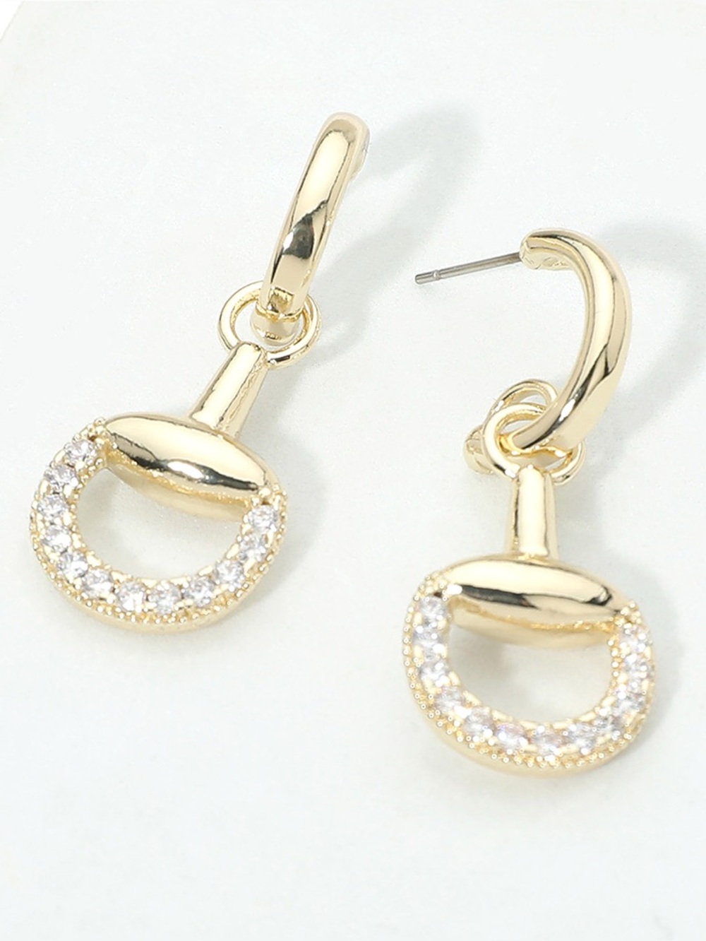 14K Gold Plated CZ Pave Horsebit Link Drop Hoop Earrings